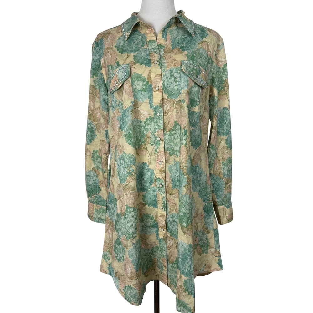 A Rare Bird Womens 100% Cotton Shirt Dress S Green Floral Rhinestone Western
